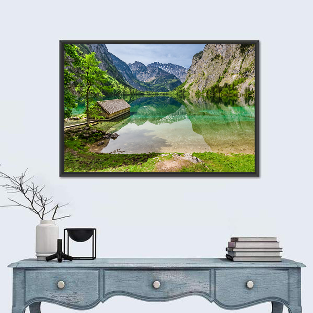 Obersee Boathouse Reflection Wall Art in a room, landscape