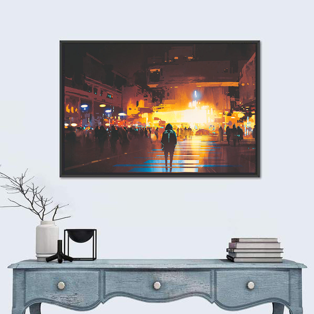 Futuristic Neon Cityscape Wall Art in a room, landscape