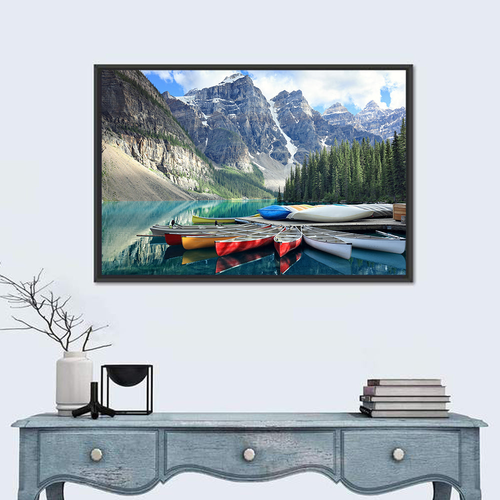 Moraine Lake Canoes at Lake Louise Wall Art in a room, landscape