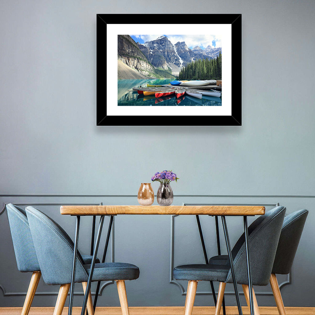 Moraine Lake Canoes at Lake Louise Wall Art