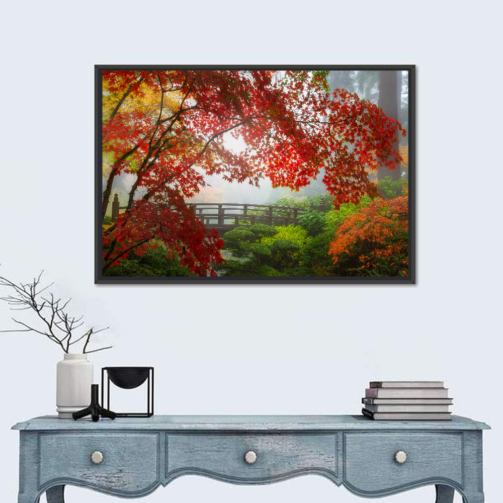 Portland Moon Bridge in Autumn Mist Wall Art in a room, landscape