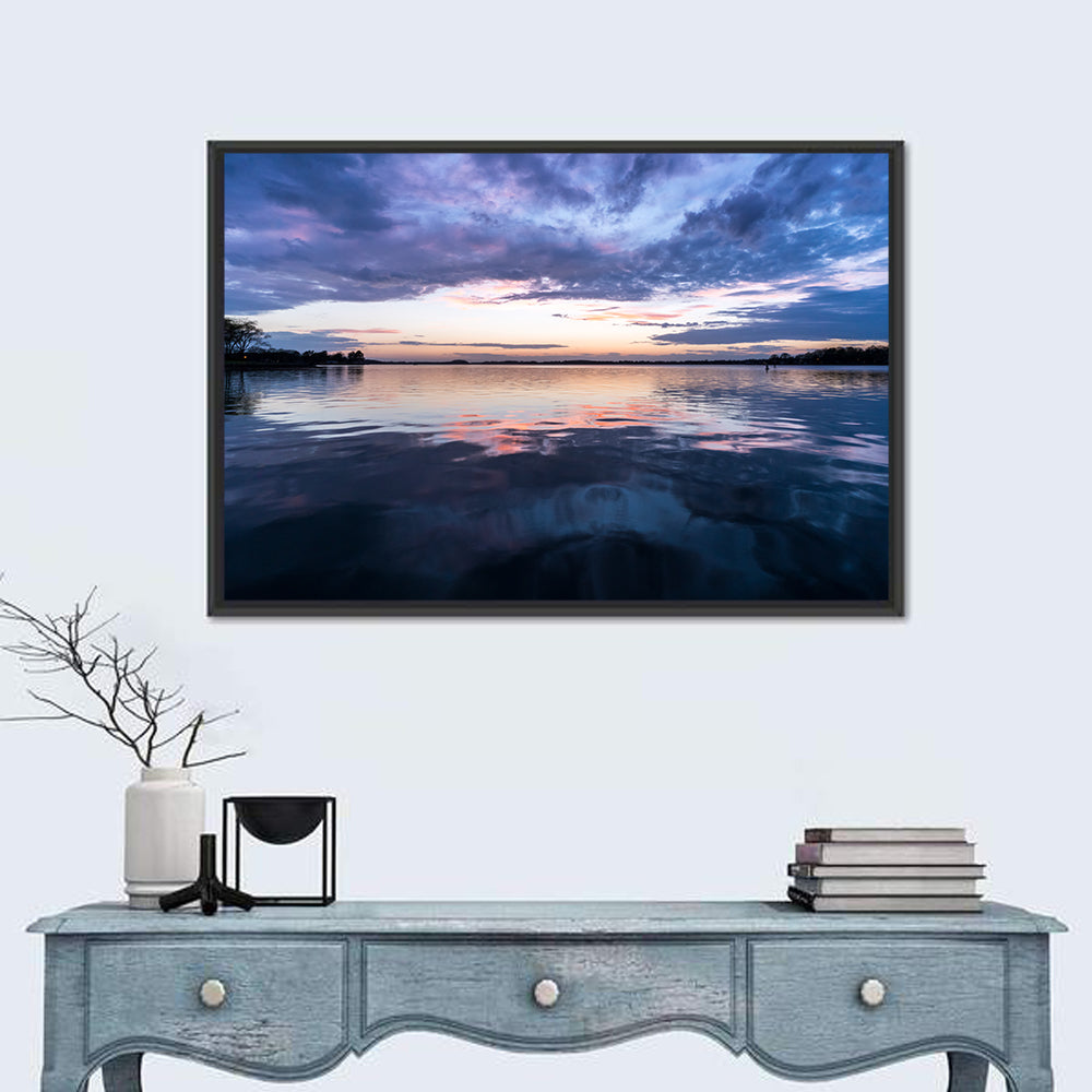Lake Norman Sunset Reflection Wall Art in a room, landscape