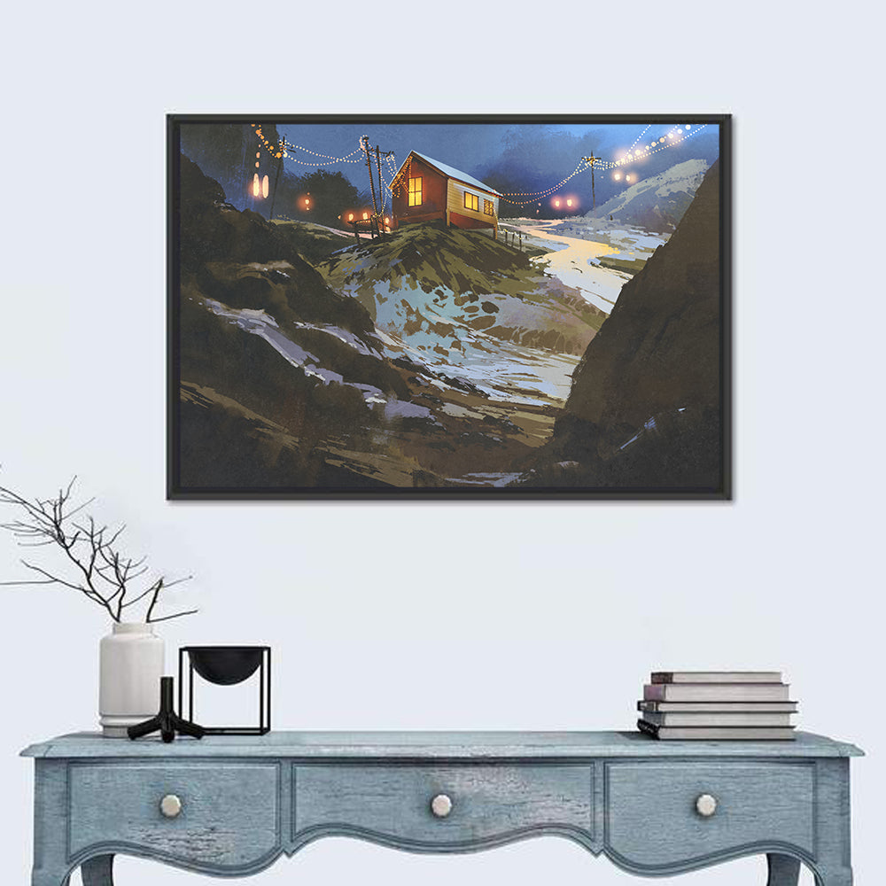Wooden Cabin in Snowy Mountains Wall Art