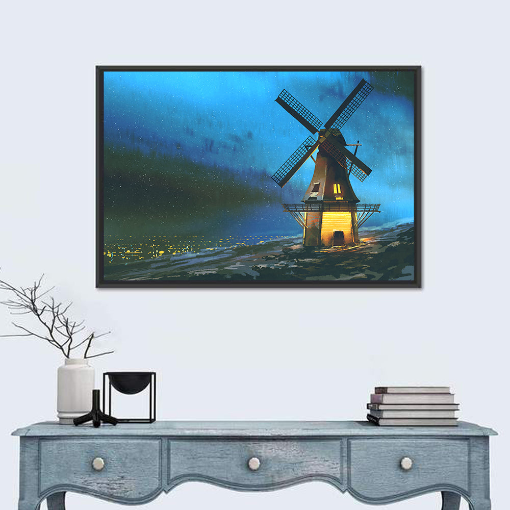 Seaside Windmill at Night Wall Art