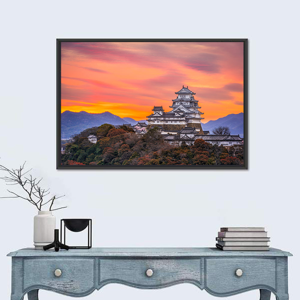 Himeji Castle at Sunrise Wall Art in a room, landscape