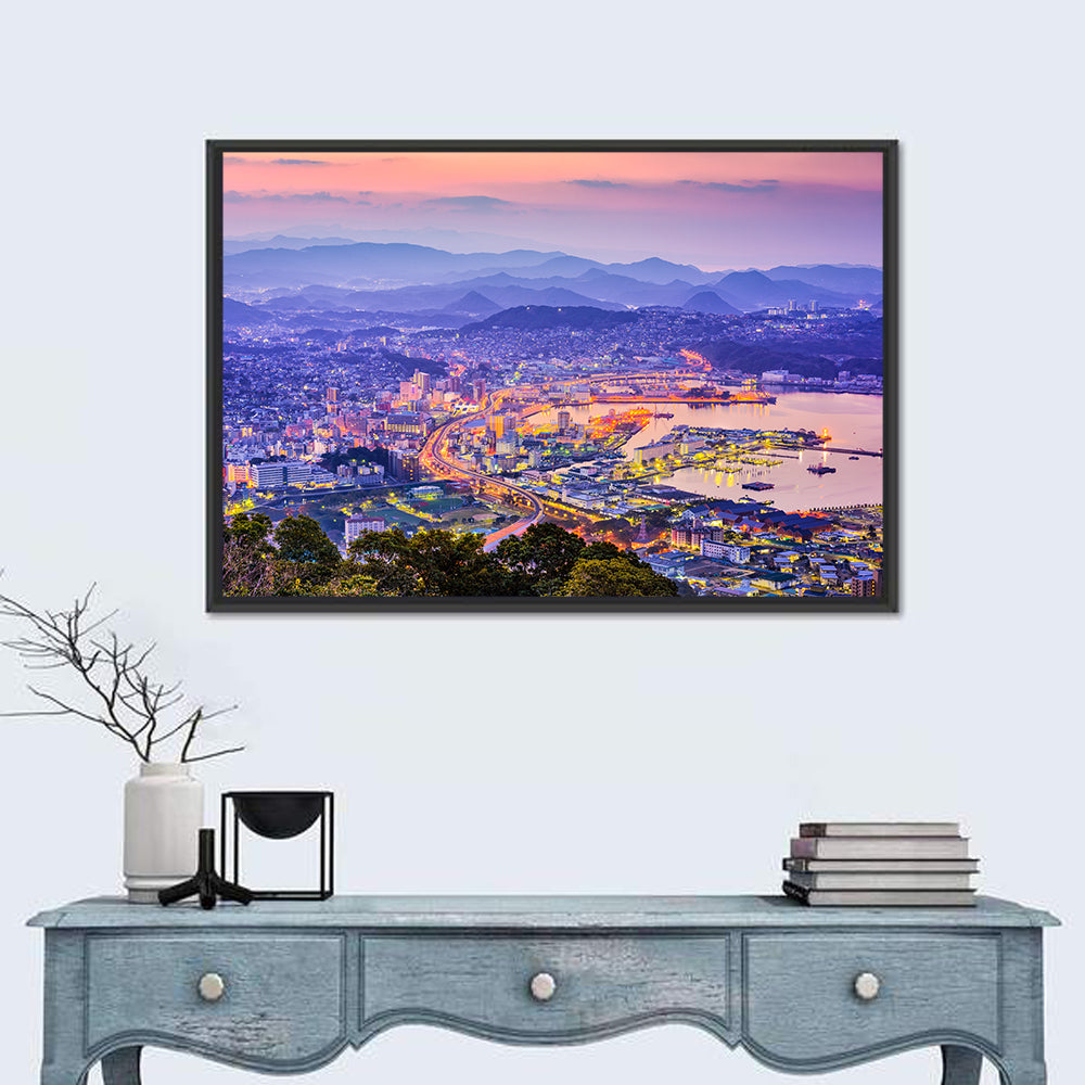 Sasebo Downtown Twilight Harbor Wall Art in a room, landscape