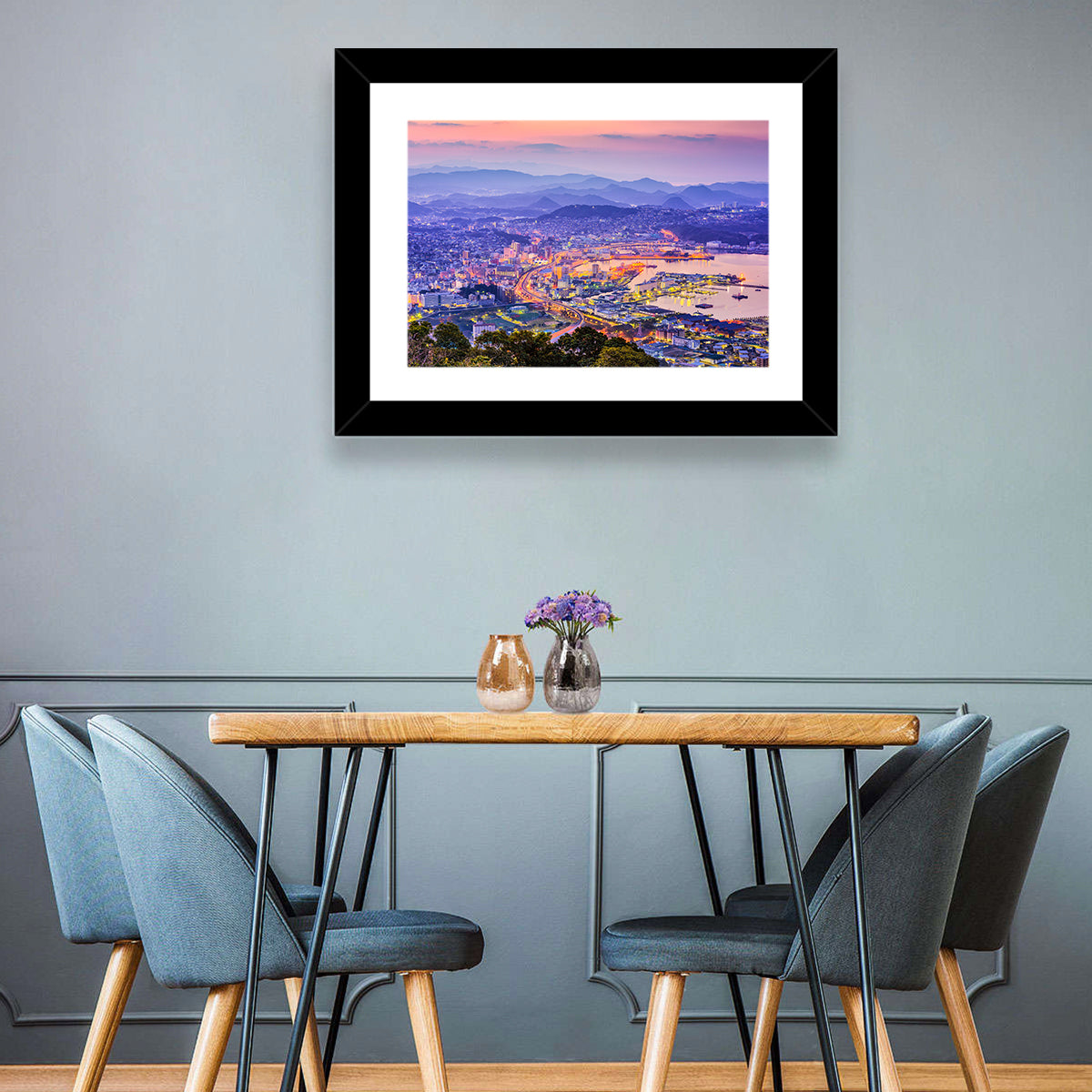 Sasebo Downtown Twilight Harbor Wall Art in a room, landscape