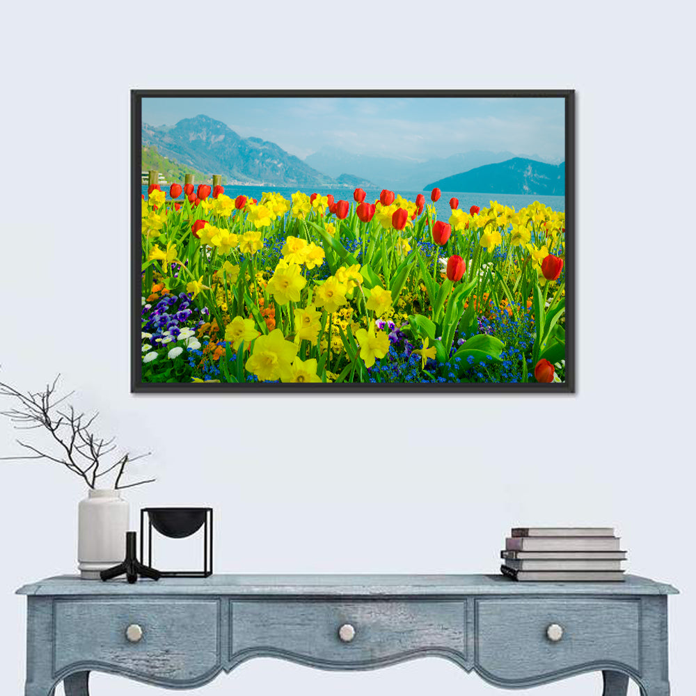 Lake Lucerne Daffodils Wall Art in a room, landscape