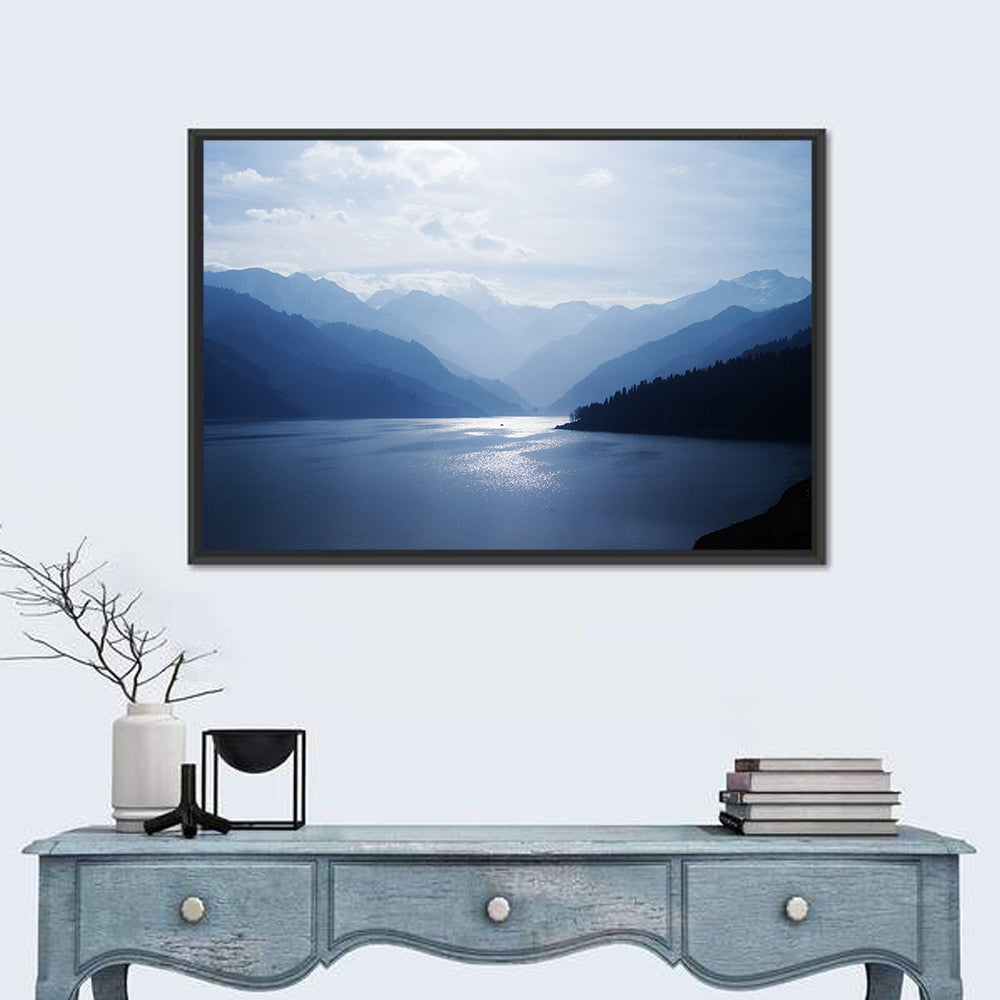 Xinjiang Lakeshore Serenity Wall Art in a room, landscape