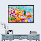 Mediterranean Hillside Watercolor Village Wall Art