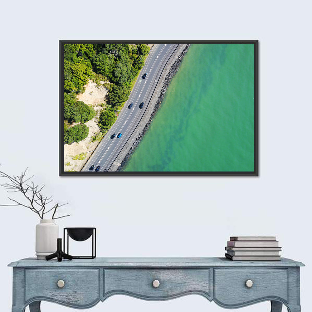 Auckland Coastal Highway Aerial View Wall Art in a room, landscape