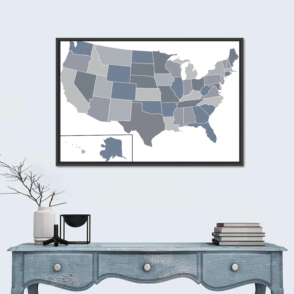 Minimalist USA Map in Blue and Grey Wall Art in a room, landscape