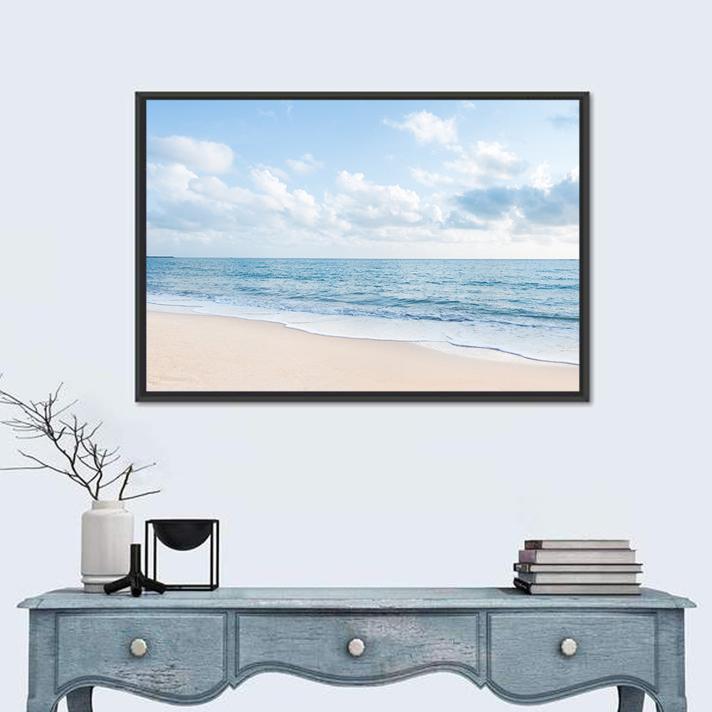 Minimalist Sandy Beach and Gentle Waves Wall Art in a room, landscape