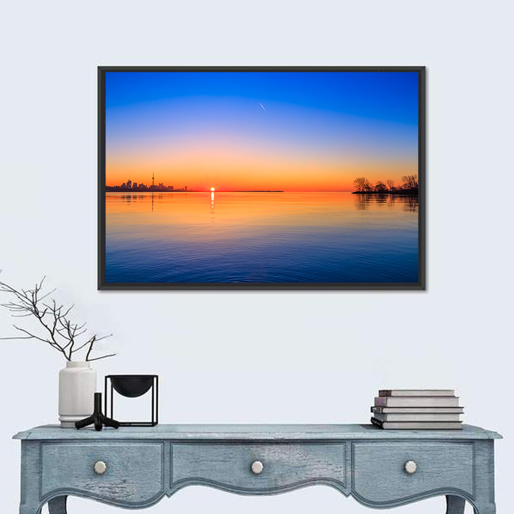 Toronto Sunset Over Lake Ontario Wall Art in a room, landscape