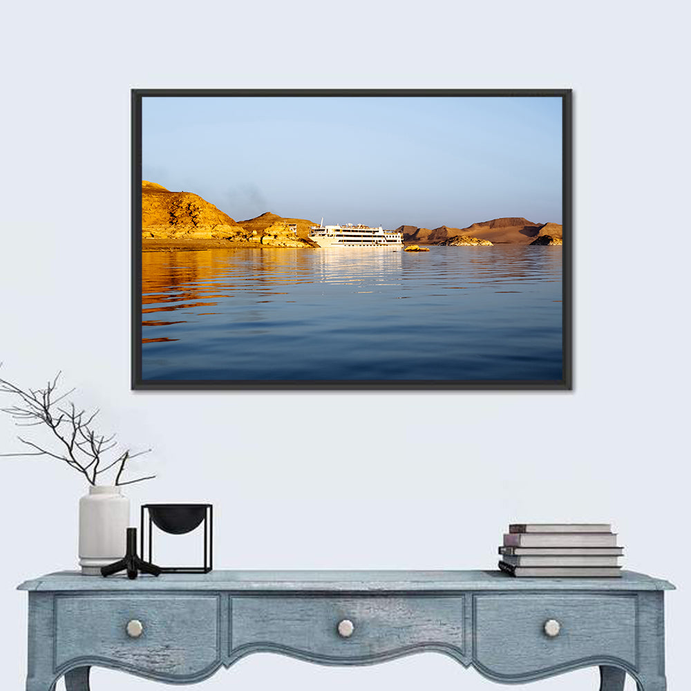 Lake Nasser Cruise Ship at Golden Hour Wall Art in a room, landscape