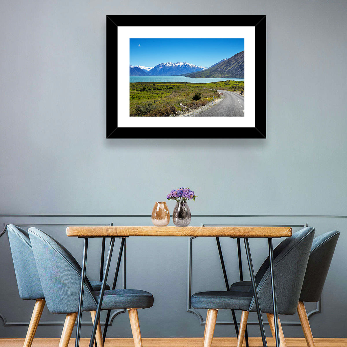 Winding Road at Lake Ohau Wall Art in a room, landscape