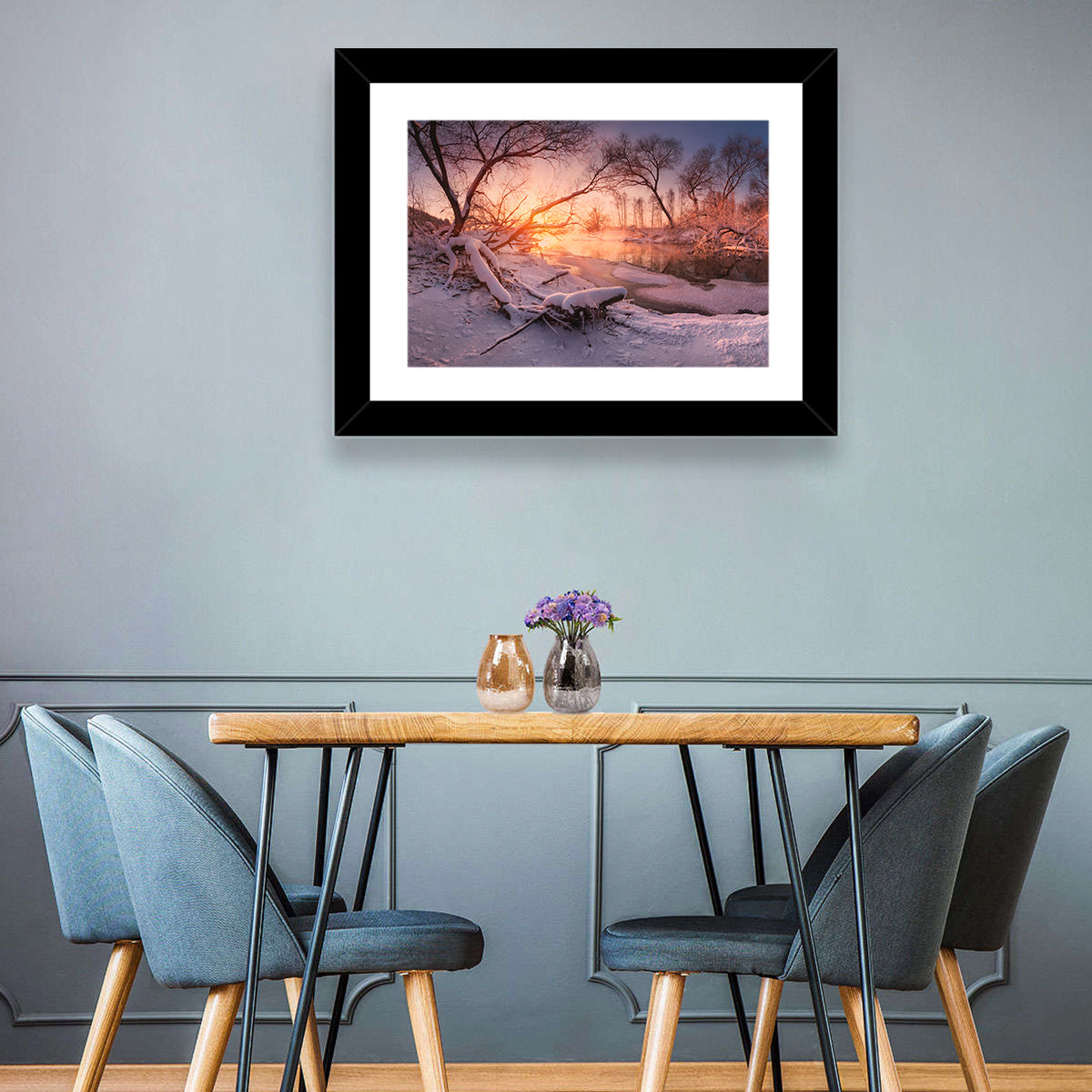 Sunset Over Snowy Forest Lake Wall Art in a room, landscape