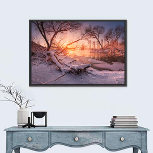 Snowy Forest Lake Sunset Wall Art