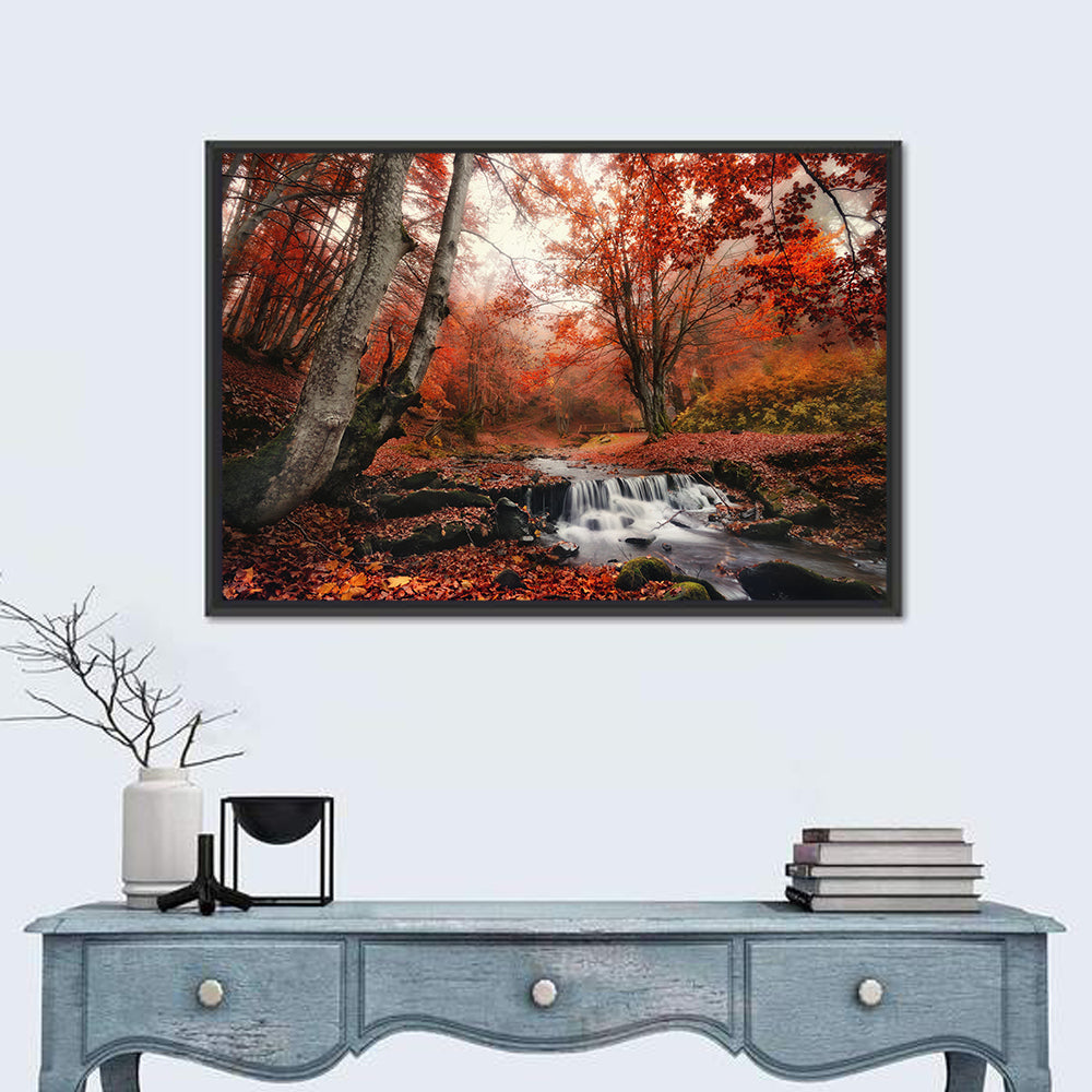 Autumn Forest Stream with Footbridge Wall Art in a room, landscape