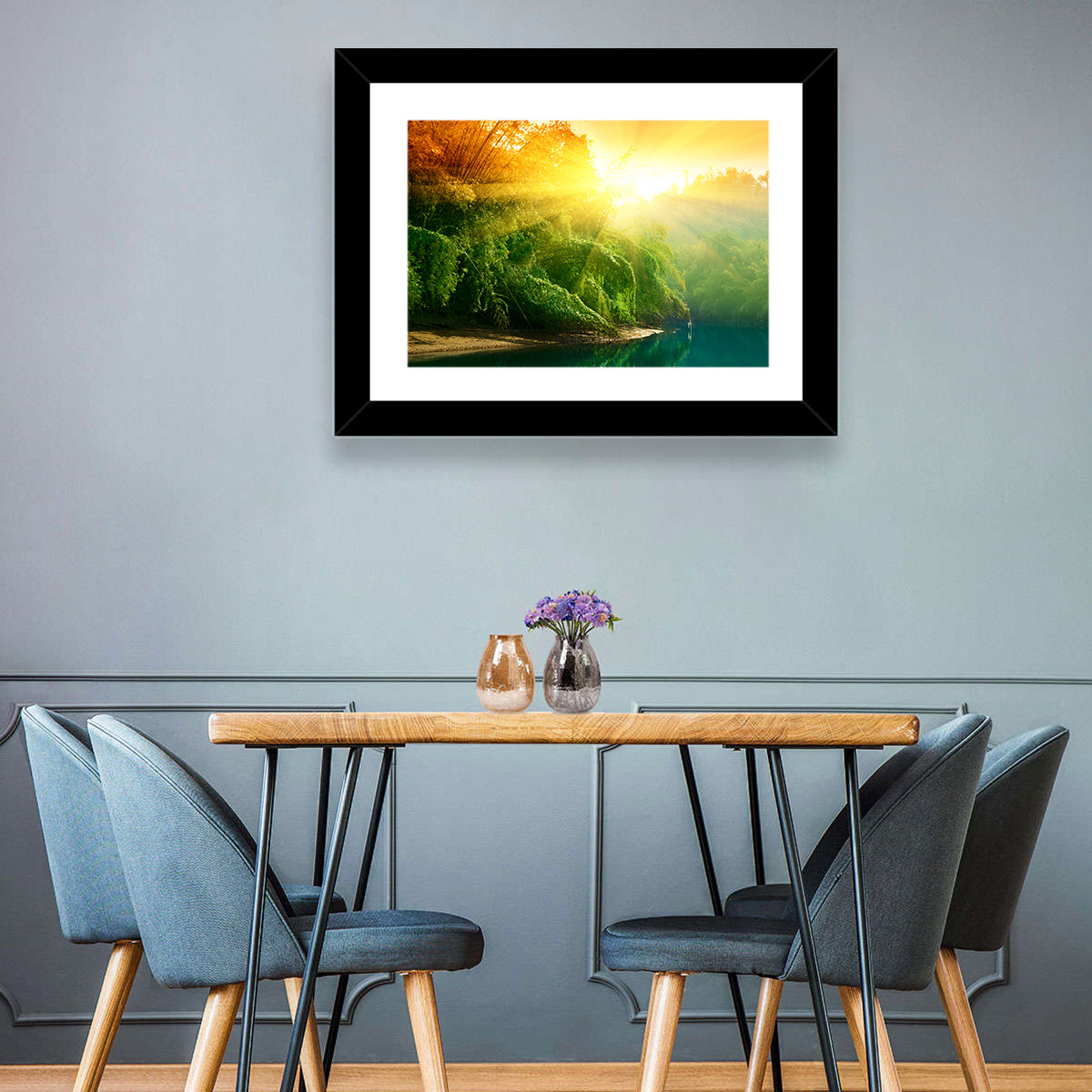 Golden Bamboo Riverbank Wall Art in a room, landscape