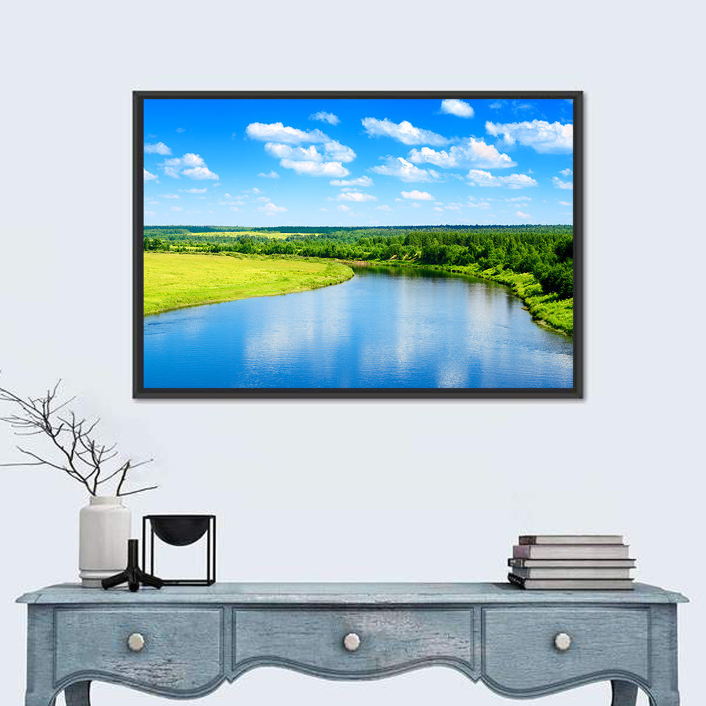 Blue River Meadow Wall Art in a room, landscape