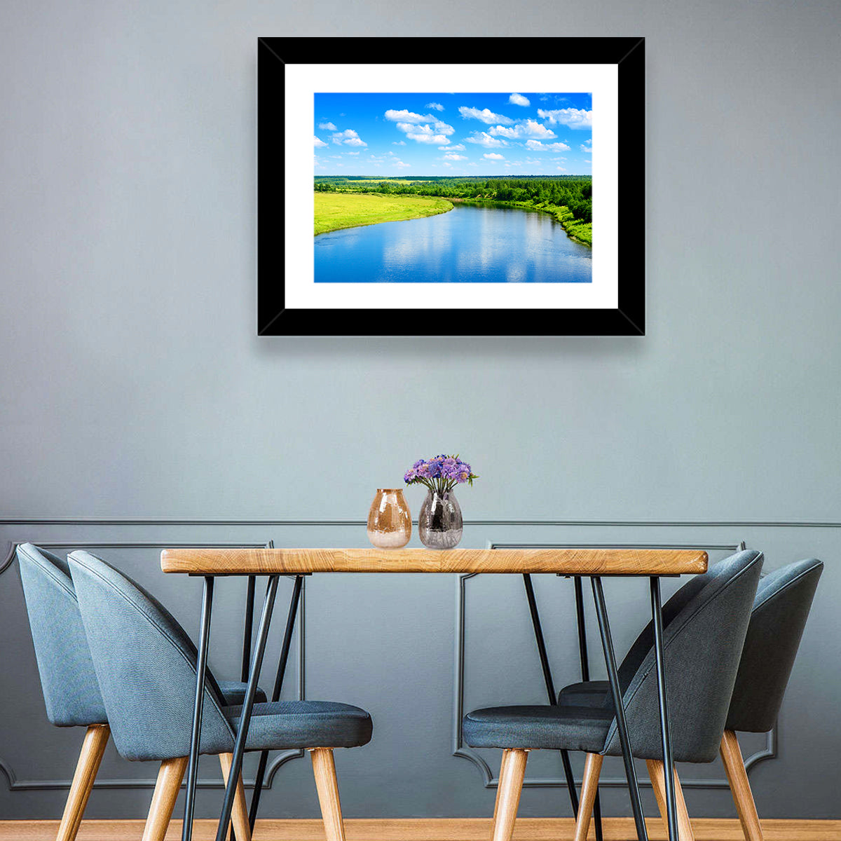 Blue River Meadow Wall Art in a room, landscape