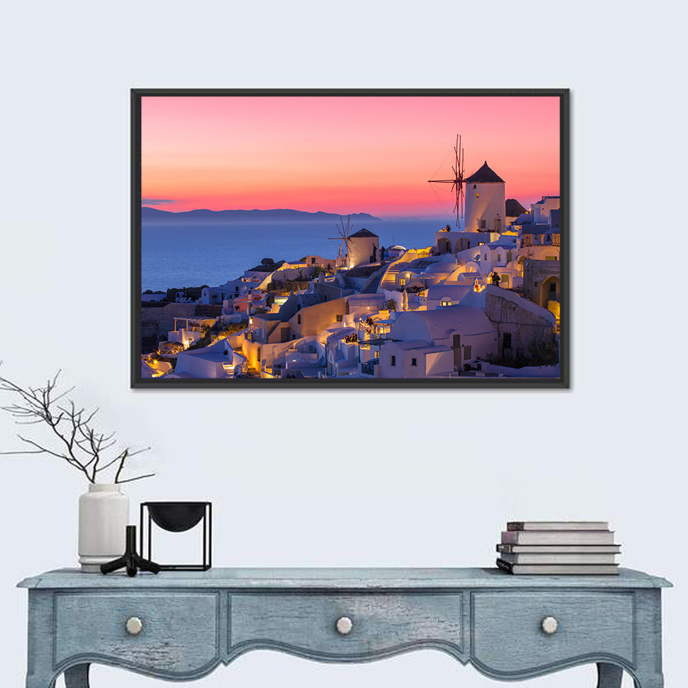 Oia Windmills at Dusk Wall Art in a room, landscape
