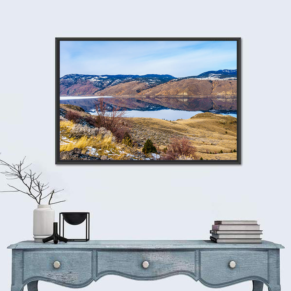 Kamloops Lake Mountain Reflection Wall Art in a room, landscape