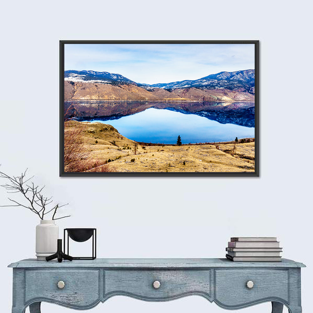 Kamloops Lake Sunset with Snow Capped Peaks Wall Art in a room, landscape