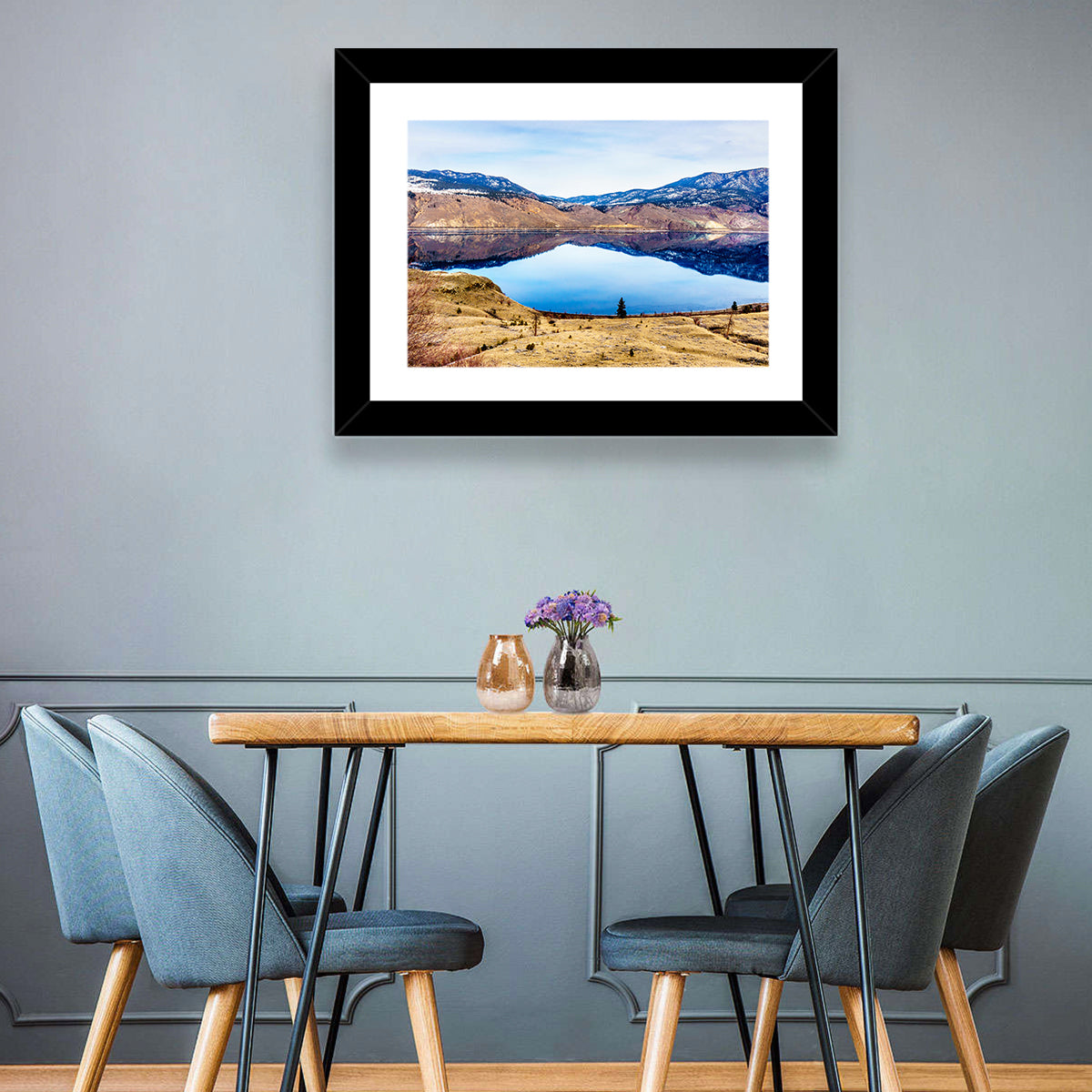 Kamloops Lake Sunset with Snow Capped Peaks Wall Art in a room, landscape