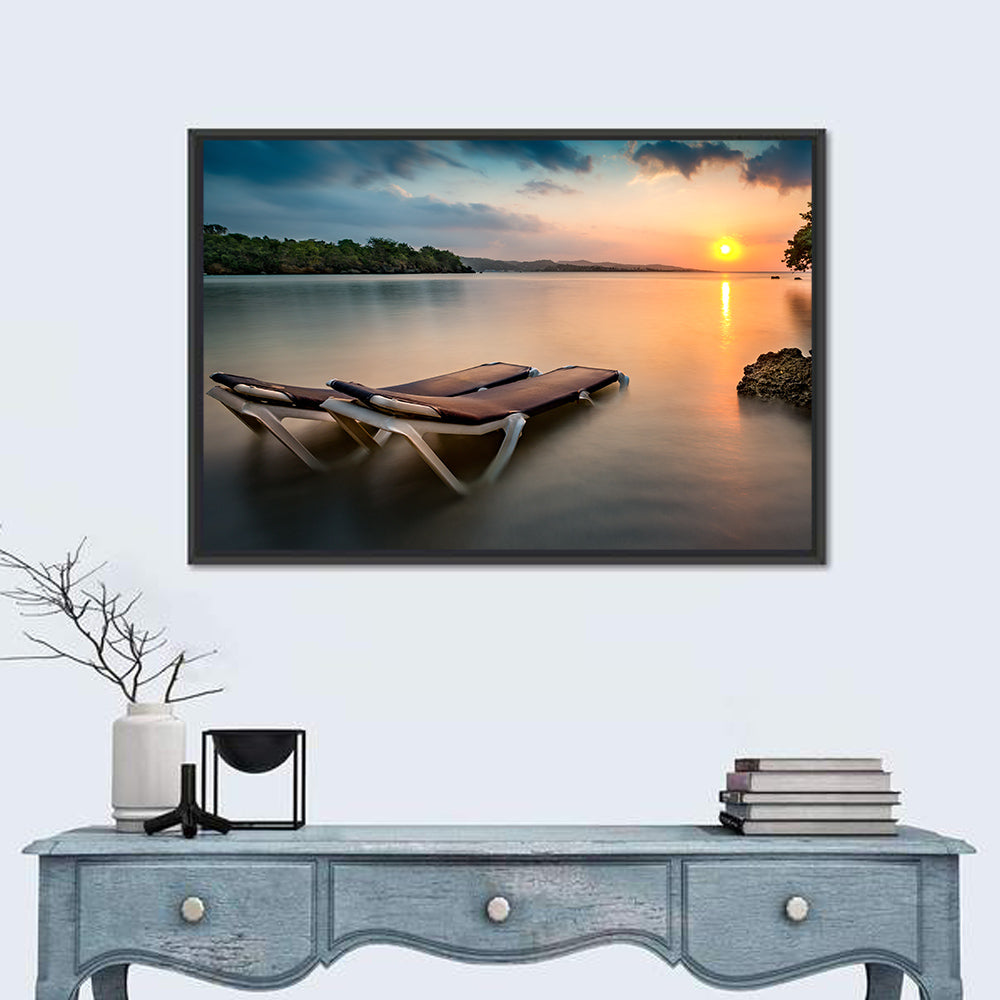 Sunset Over Coastal Lounge Chairs Wall Art in a room, landscape
