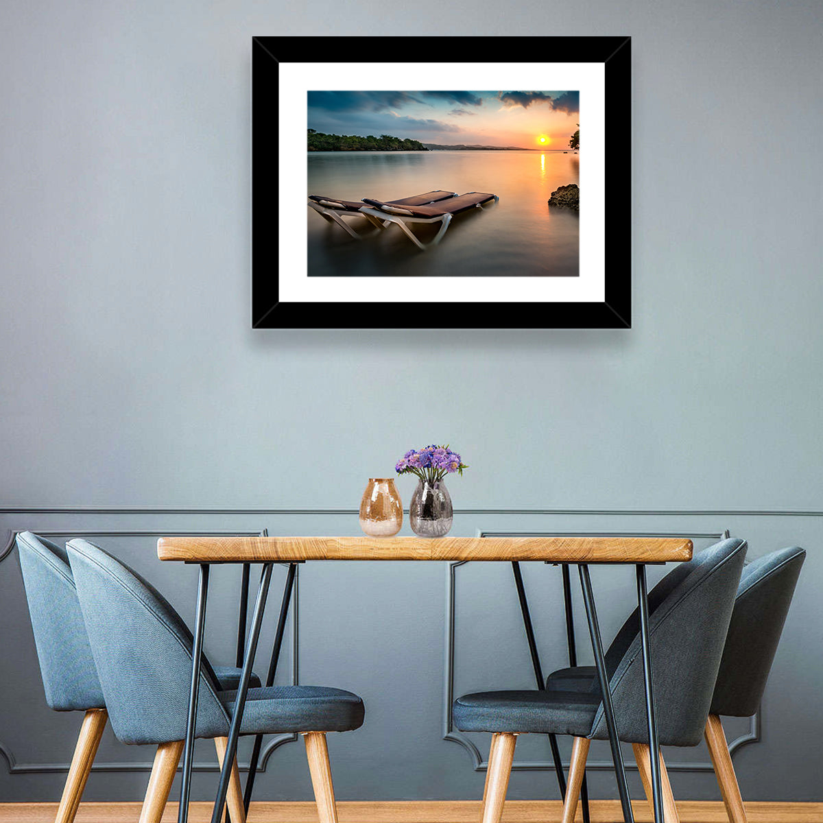 Sunset Over Coastal Lounge Chairs Wall Art in a room, landscape
