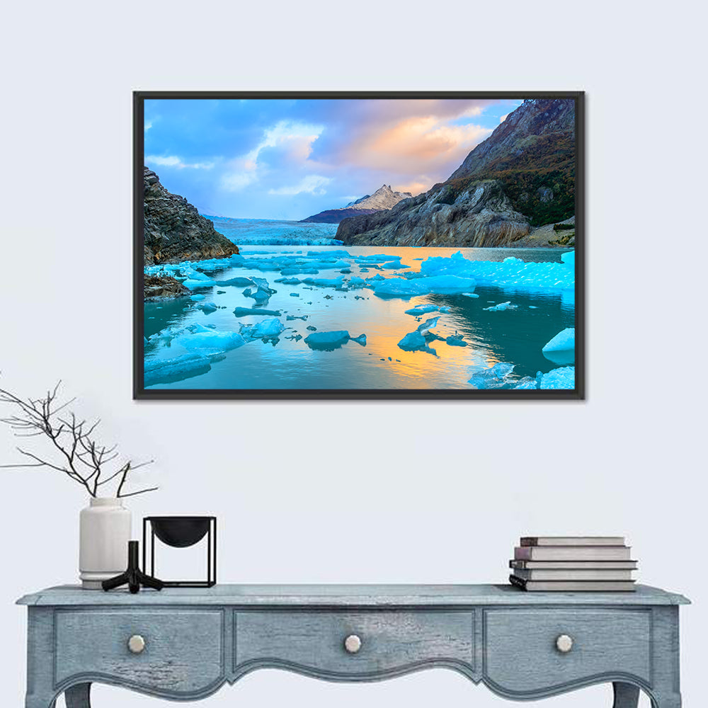 Grey Glacier at Sunset Wall Art in a room, landscape