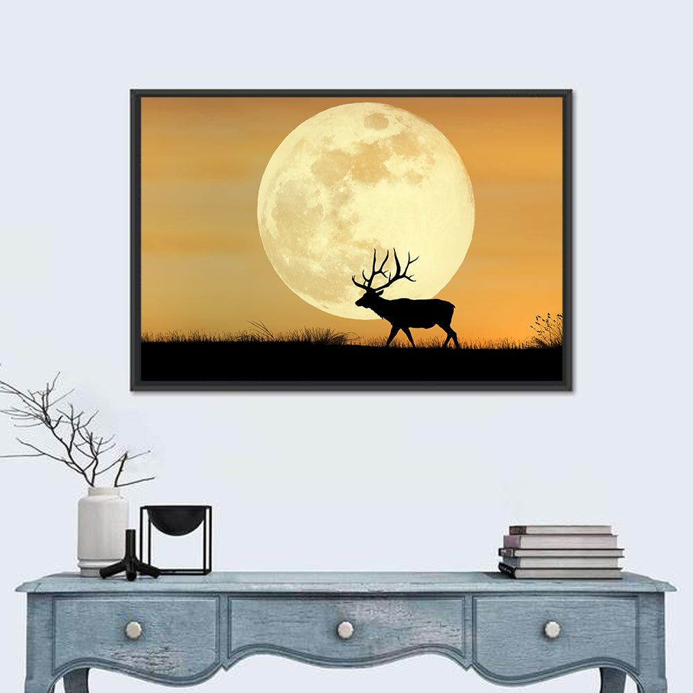 Bull Elk Silhouette Under Supermoon Wall Art