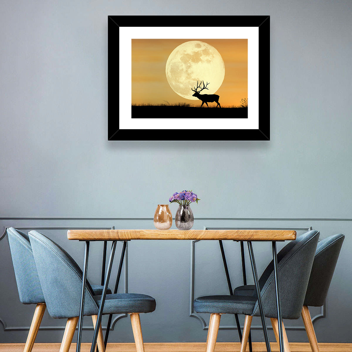 Bull Elk Silhouette Under Supermoon Wall Art in a room, landscape