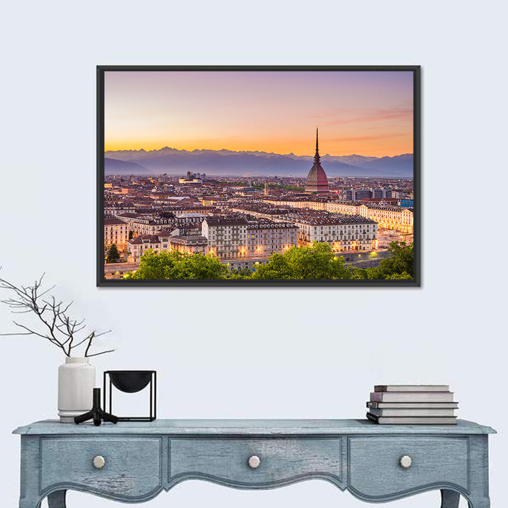 Turin Skyline at Golden Dusk Wall Art in a room, landscape