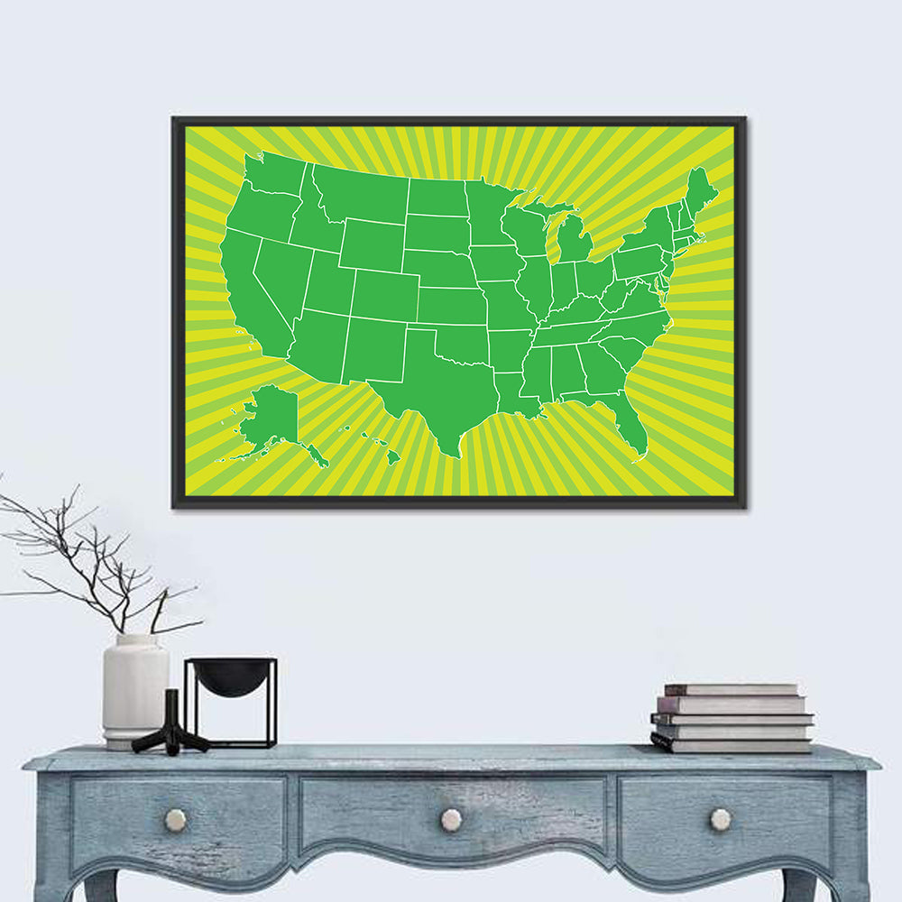 Green Sunburst USA Map Wall Art in a room, landscape