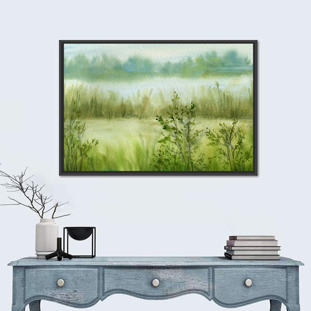 Misty River Meadow Watercolor Wall Art