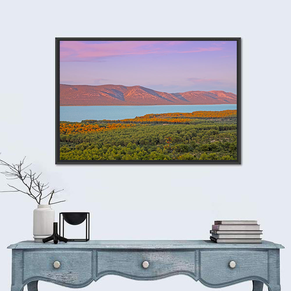 Lake Vrana Golden Hour Wall Art in a room, landscape