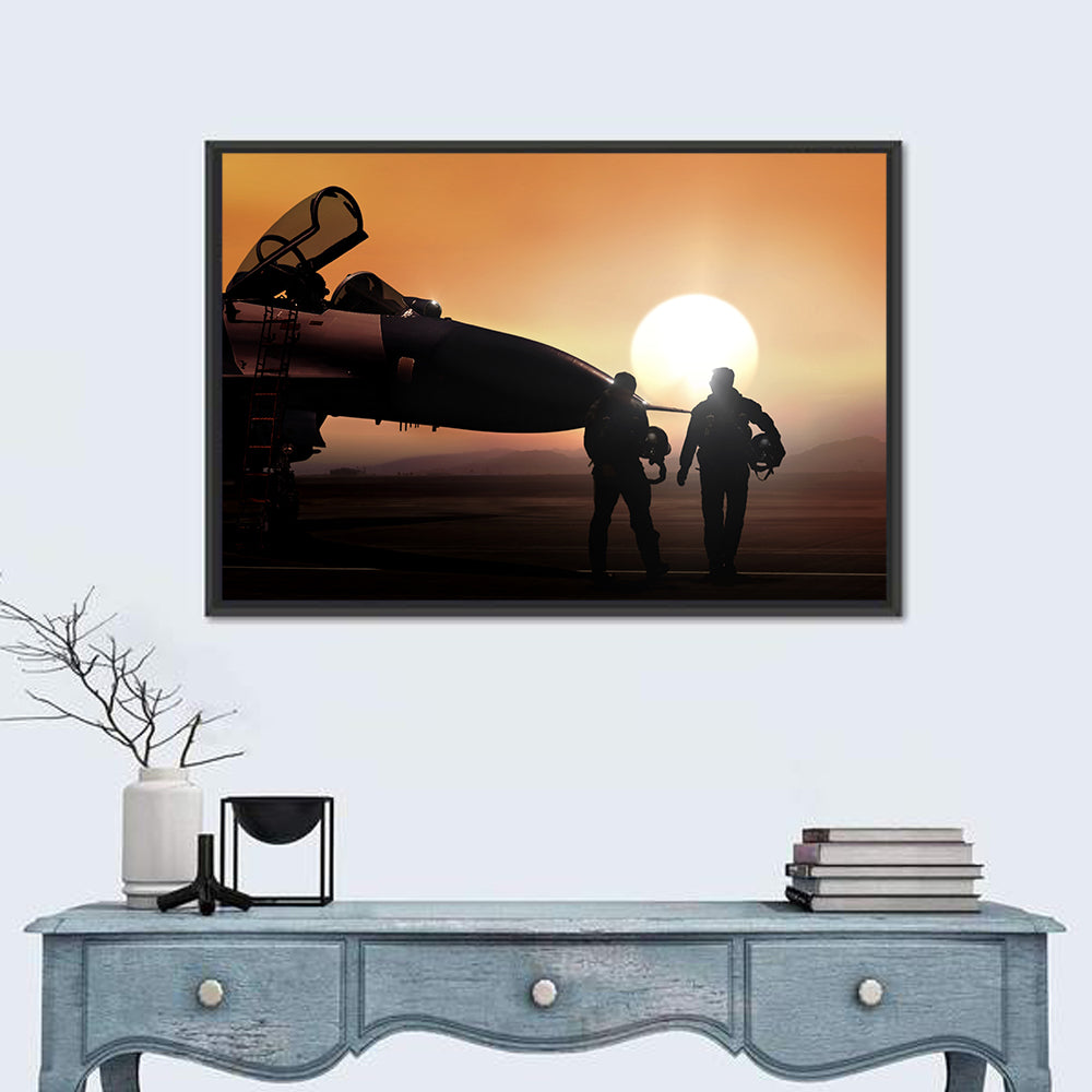 Pilots and Supersonic Jet at Sunset Wall Art