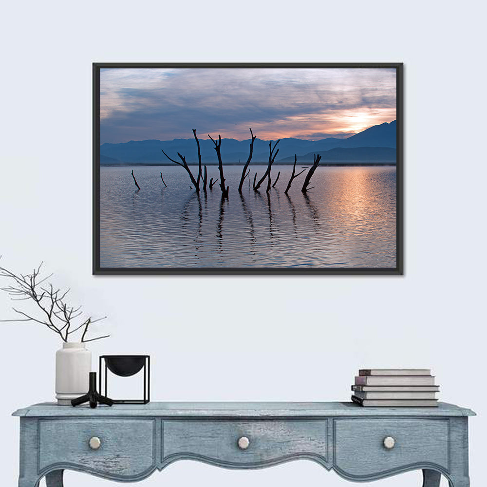 Lake Isabella Sunrise Reflection Wall Art in a room, landscape