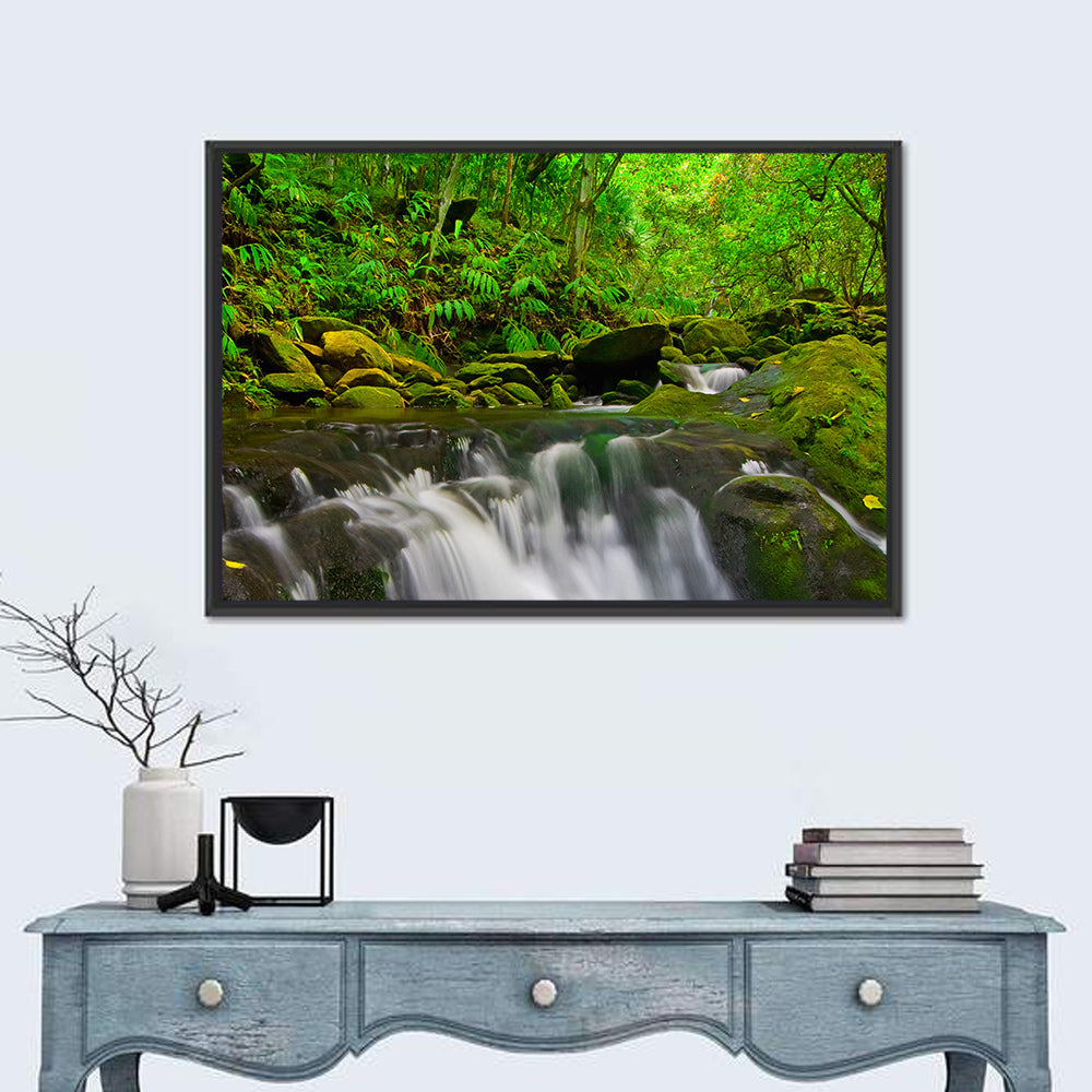 Emerald Jungle Stream Wall Art in a room, landscape