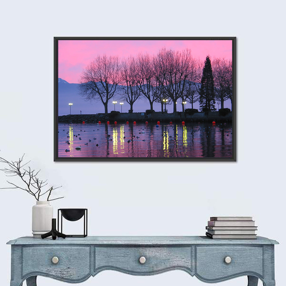 Lake Geneva Twilight Wall Art in a room, landscape