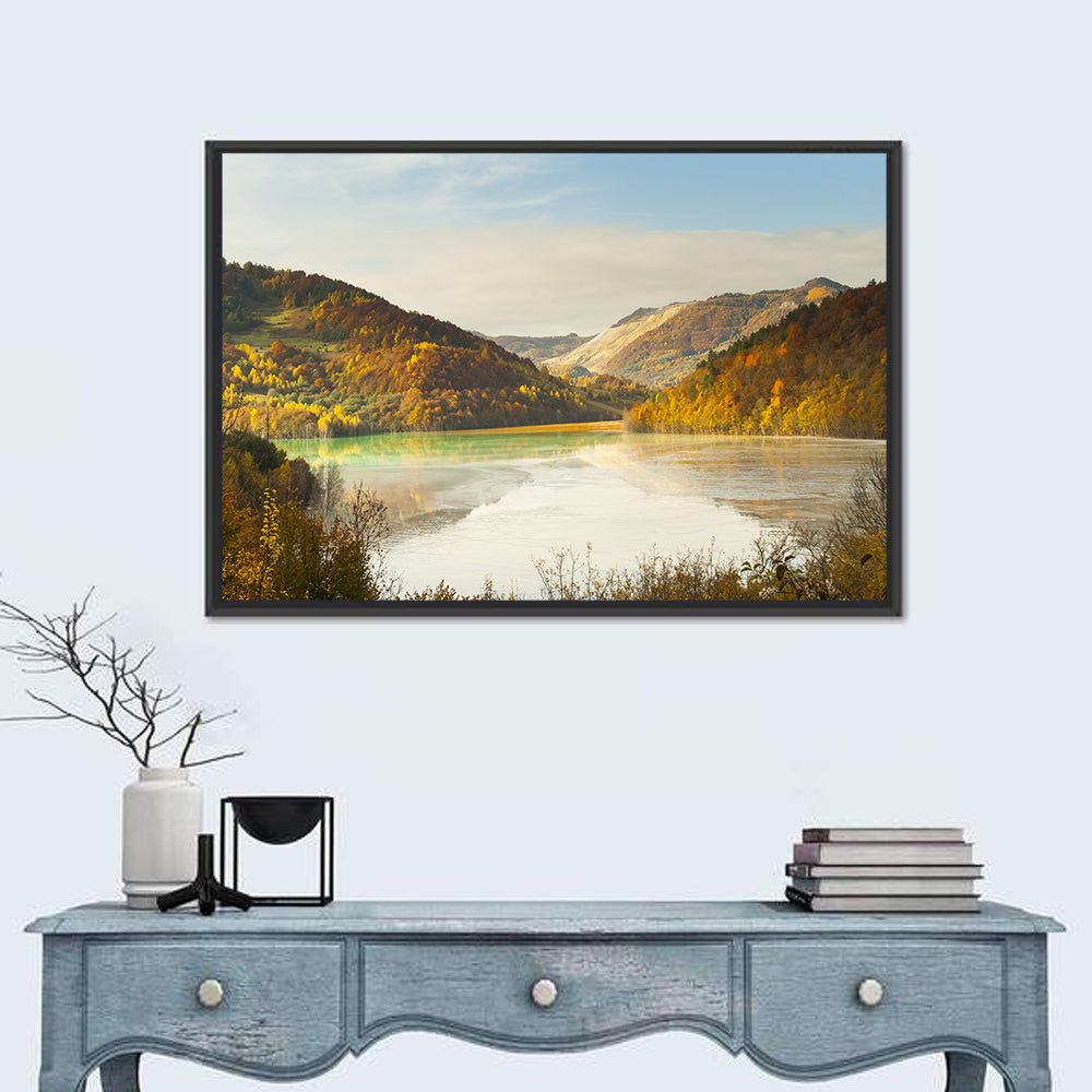 Bright Green Tailings Lake Wall Art in a room, landscape