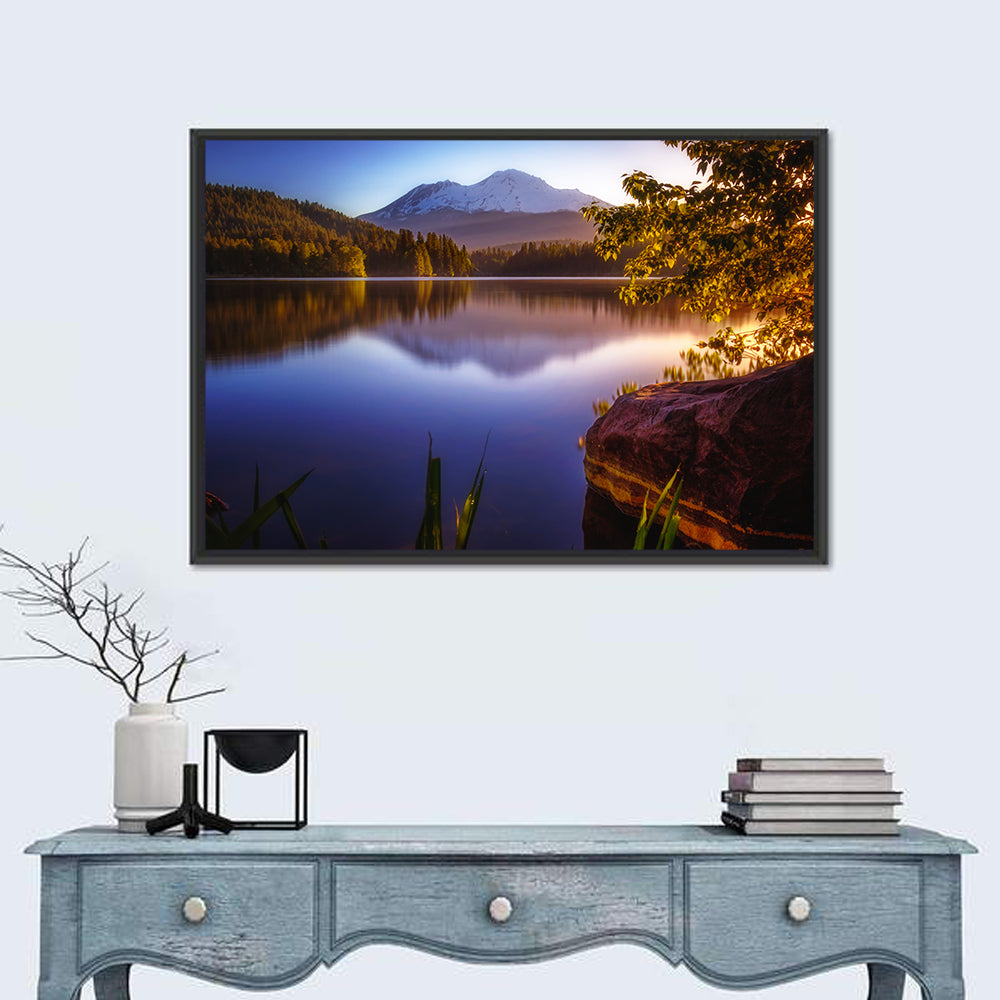 Mt Shasta Reflection at Lake Siskiyou Wall Art in a room, landscape