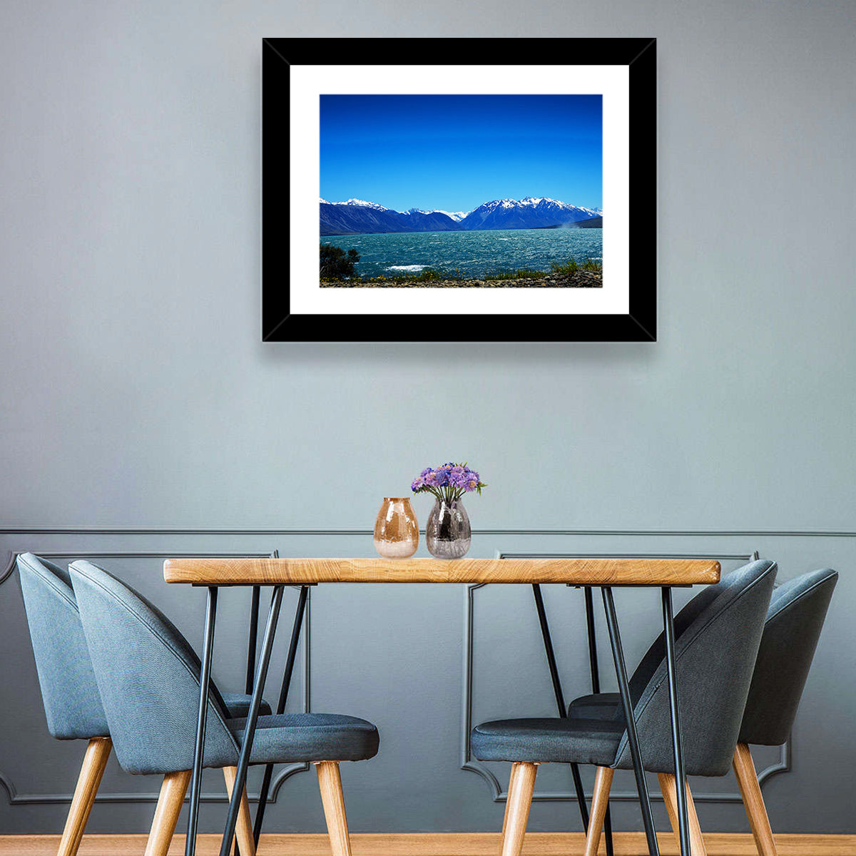 Lake Ohau Snow Peaks Wall Art in a room, landscape