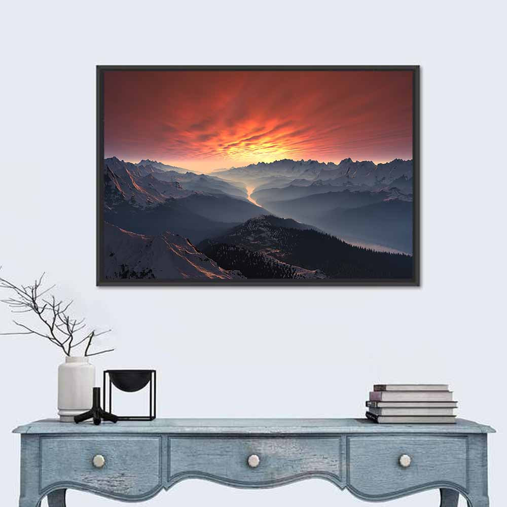 Snow-capped Mountain Sunset Wall Art in a room, landscape