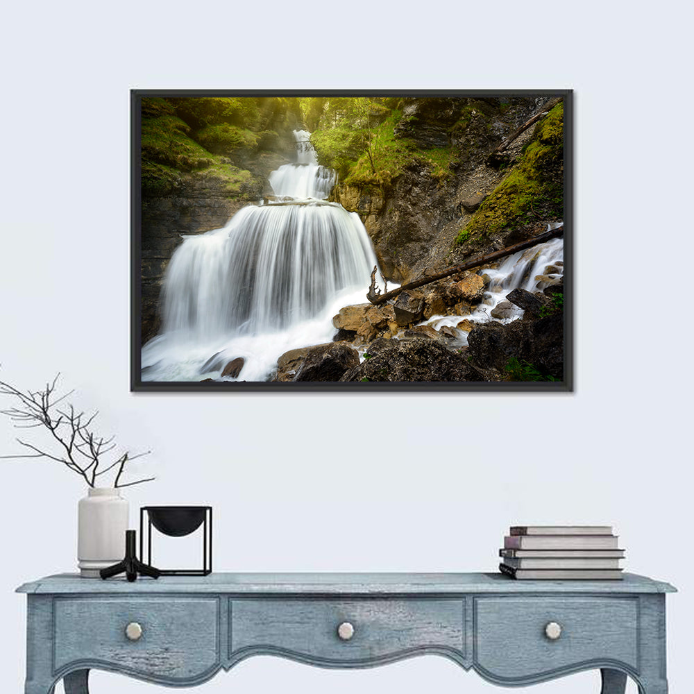 White Cascade Over Mossy Rocks Wall Art in a room, landscape