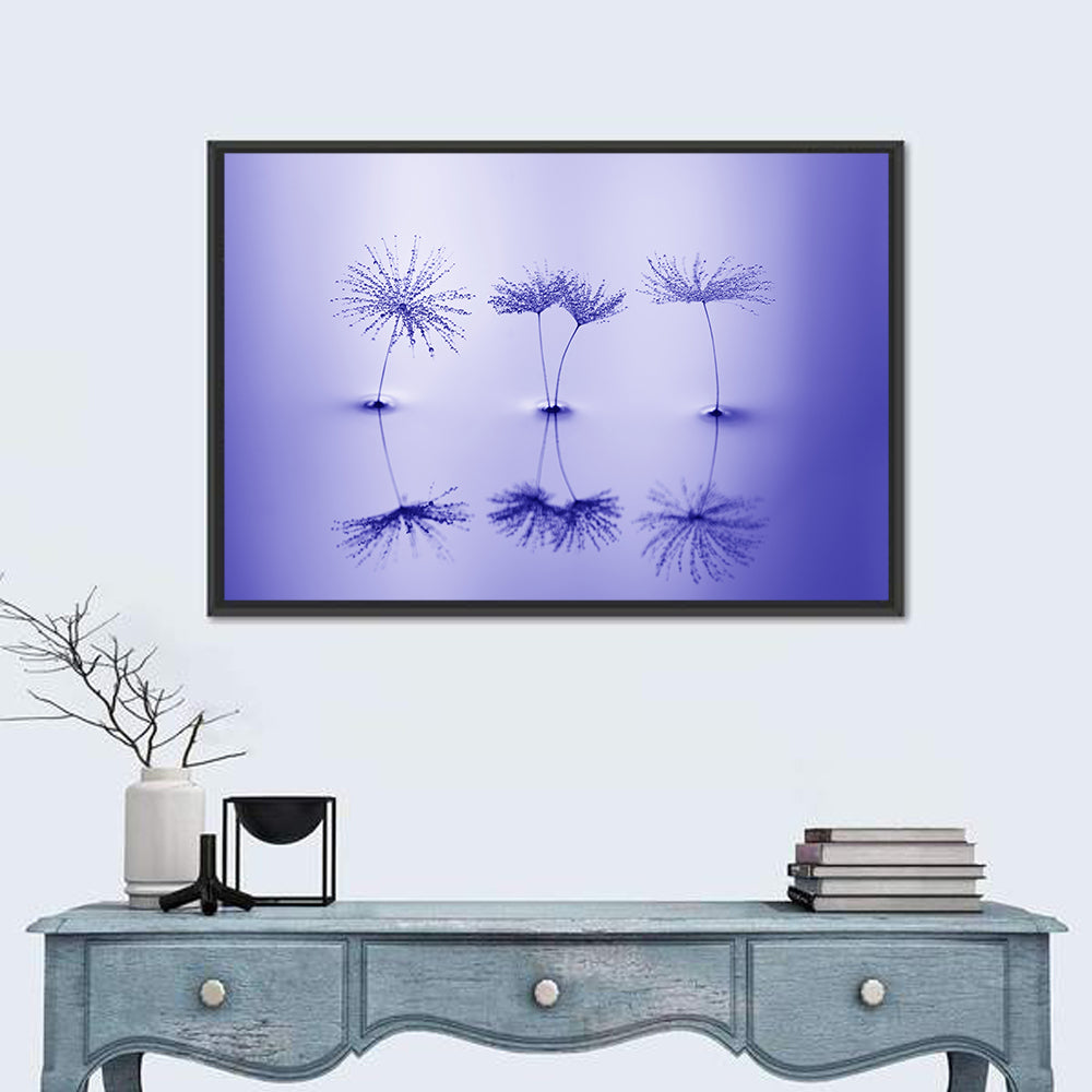 Blue Dandelion Seeds with Reflections Wall Art in a room, landscape
