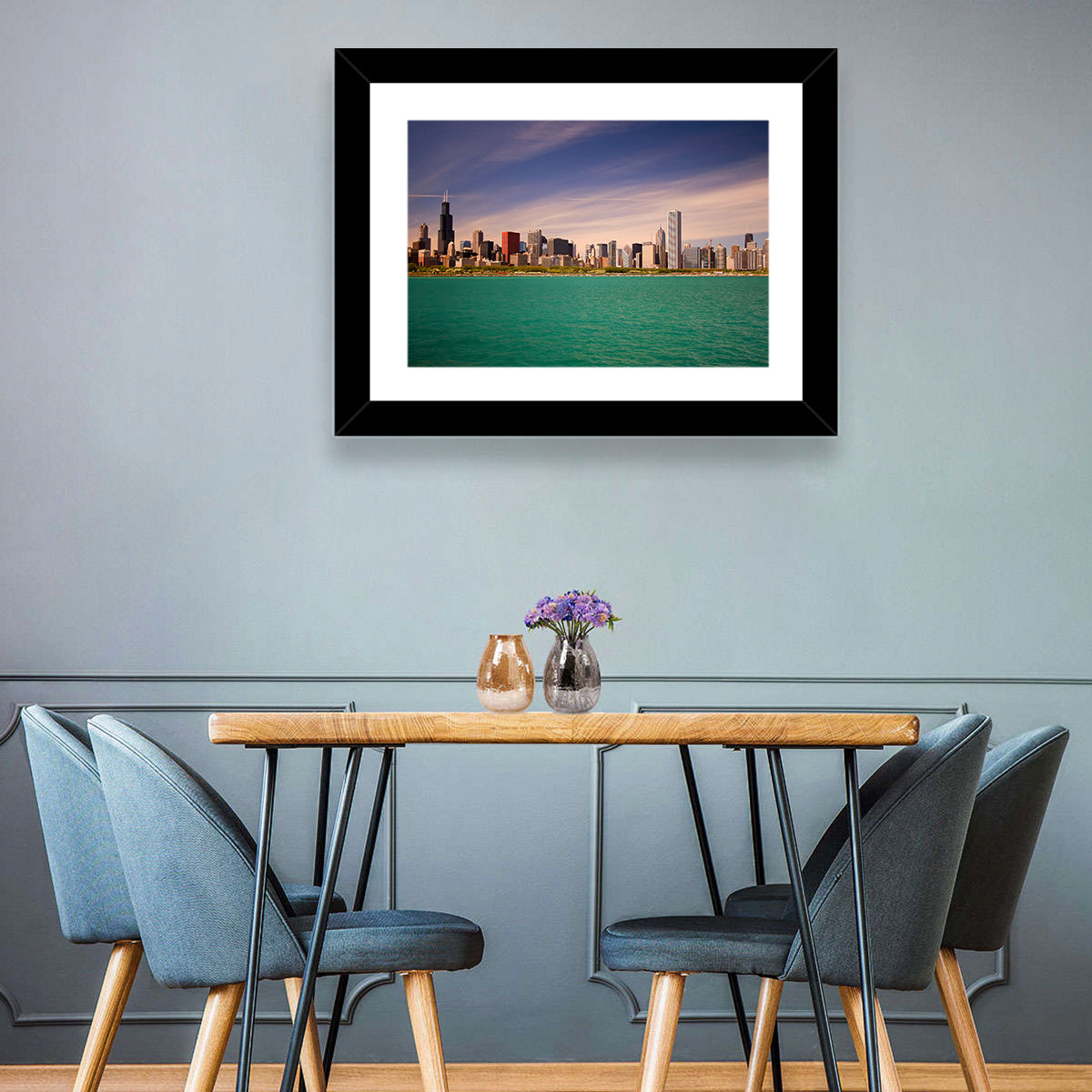Chicago Skyline Above Lake Michigan Wall Art in a room, landscape